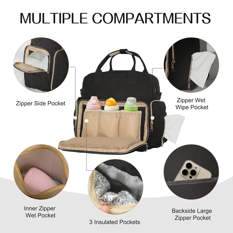 Mozzilog Large Diaper Backpack with Changing Pad, 6 in 1 Travel Diapers Baby Bag for Mom Quilted Mommy Daipering, Hospital Bag for Women Labor Delivery Maternity Tote (Black) - Image 4